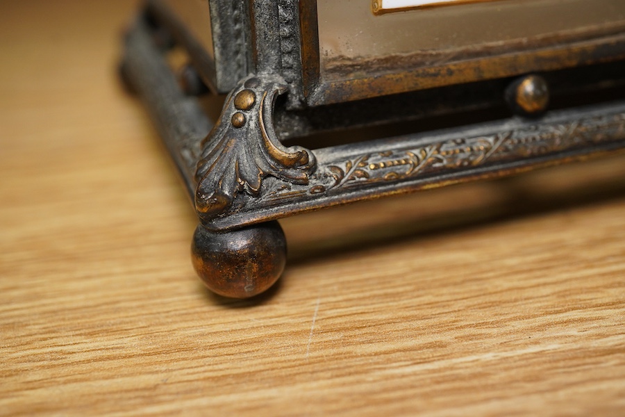 An early 20th century French painted glass and gilt metal casket, 20cm wide. Condition - fair